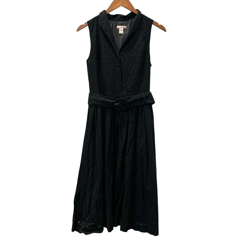 H&M Dress Womens 8 Black Eyelet Lace Shirt Midi Fit Flare Belted Collared